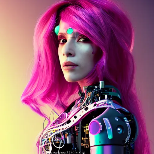 Image similar to portrait of a beautiful mexican woman with pink hair as a cyberpunk cyborg half robot, revealing wires and electronics, circuit boards, wire management, sci - fi, missing panels, intricate abstract upper body intricate artwork, concept art, octane render, deviantart, cinematic, key art, hyperrealism, iridescent accents, portrait photograph, nikon 3 5 mm, photograph by greg rutkowski