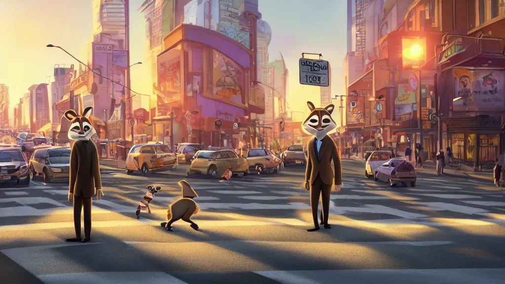 Image similar to An anthropomorphic raccoon businessman walking down a busy crosswalk at sunset, warm lighting, zootopia, other anthro characters are walking by him, extremely detailed, HDR