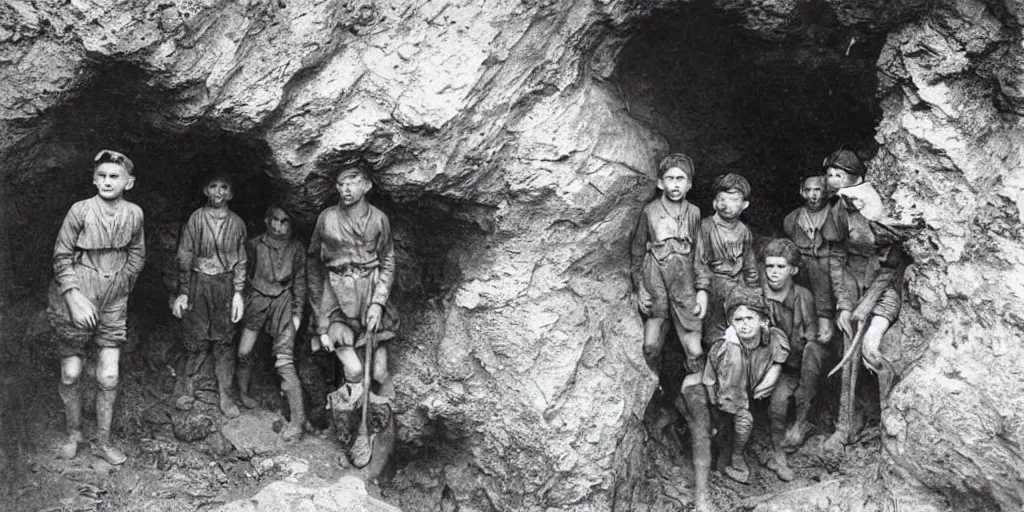 Image similar to explorers looking fearful as something emerges from a dark cave, 1 9 0 0 s photograph