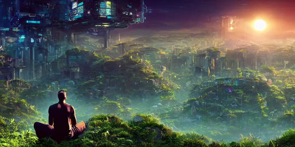 Image similar to a cinematic composition depicting : a computer run solarpunk civilization encroaching on a degrading cyberpunk world, on top of the mountain a man sits in a lotus pose overlooking a hopeful and lush foresty solarpunk valley at sunrise
