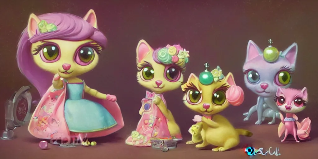 Image similar to 3 d littlest pet shop cat, vintage gothic gown, gumball machine, smiling, master painter and art style of noel coypel, art of emile eisman - semenowsky, art of edouard bisson