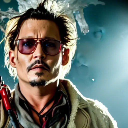 Image similar to stunning awe inspiring johnny depp as a ghostbuster, movie still 8 k hdr atmospheric lighting