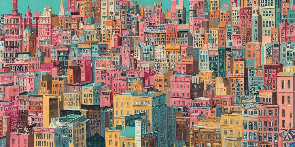 Prompt: A cityscape illustrations, by Wes Anderson, hyper detailed, intricate