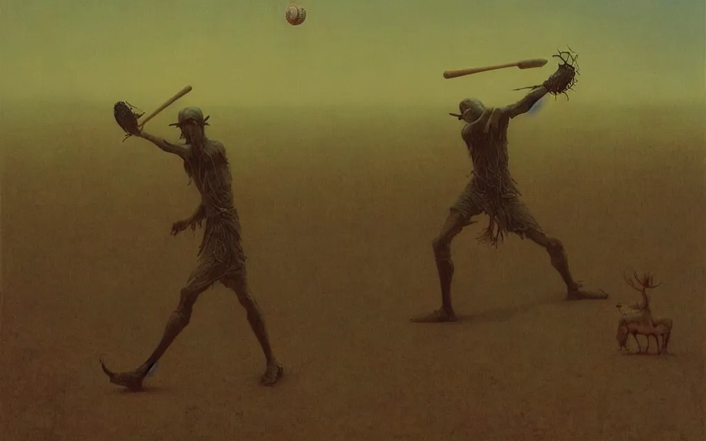 Image similar to painting of a man playing baseball with eldritch moose beings, friendly sports match, by Zdzislaw Beksinski, gothic, amazing details, cold hue's, warm tone gradient background