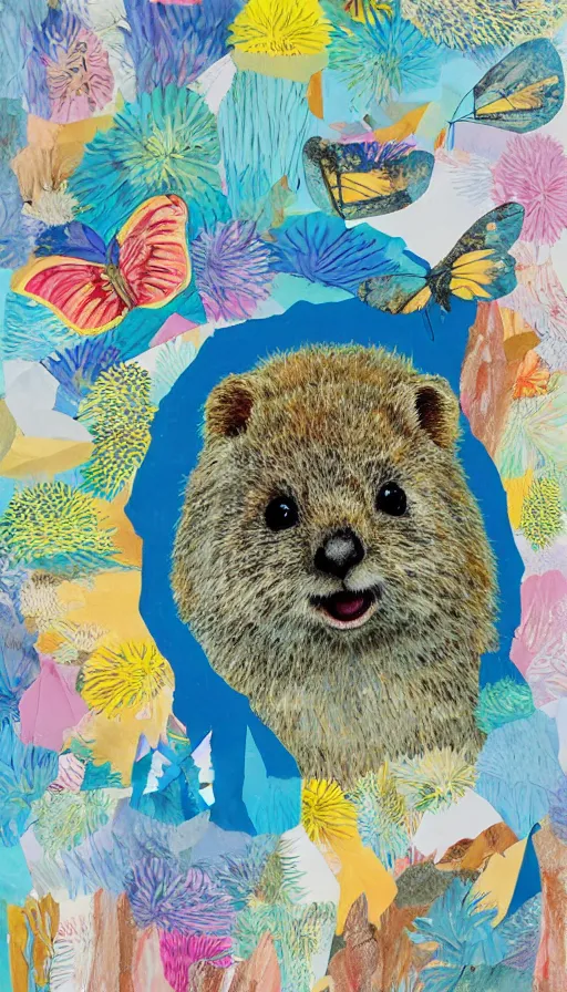 Image similar to detailed illustration, a portrait of a happy quokka on rotttnest island constructed from colored paper, collage, may gibbs, layered composition, layers, texture, textured, layered, sculpted, dynamic, 🦋, 🌱,