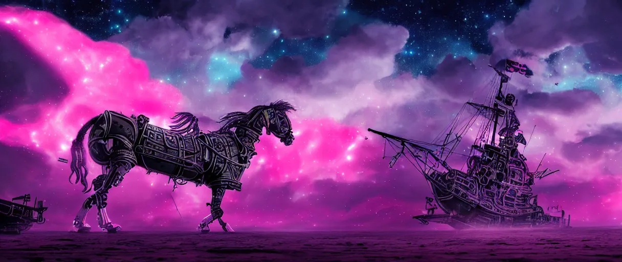 Prompt: space, a 3 horse - drawn, a mechanical horse with a pink mohawk drives a pirate spaceship, punk, hyperdetailed illustration, stars, pink, neon, oil painting, rich deep colors masterpiece, pirate neon ship, ultra detailed, contrast, heaven pink, clouds, volumetric light, atmospheric lighting, dramatic, cinematic, moody, octane render 4 k, 8 k