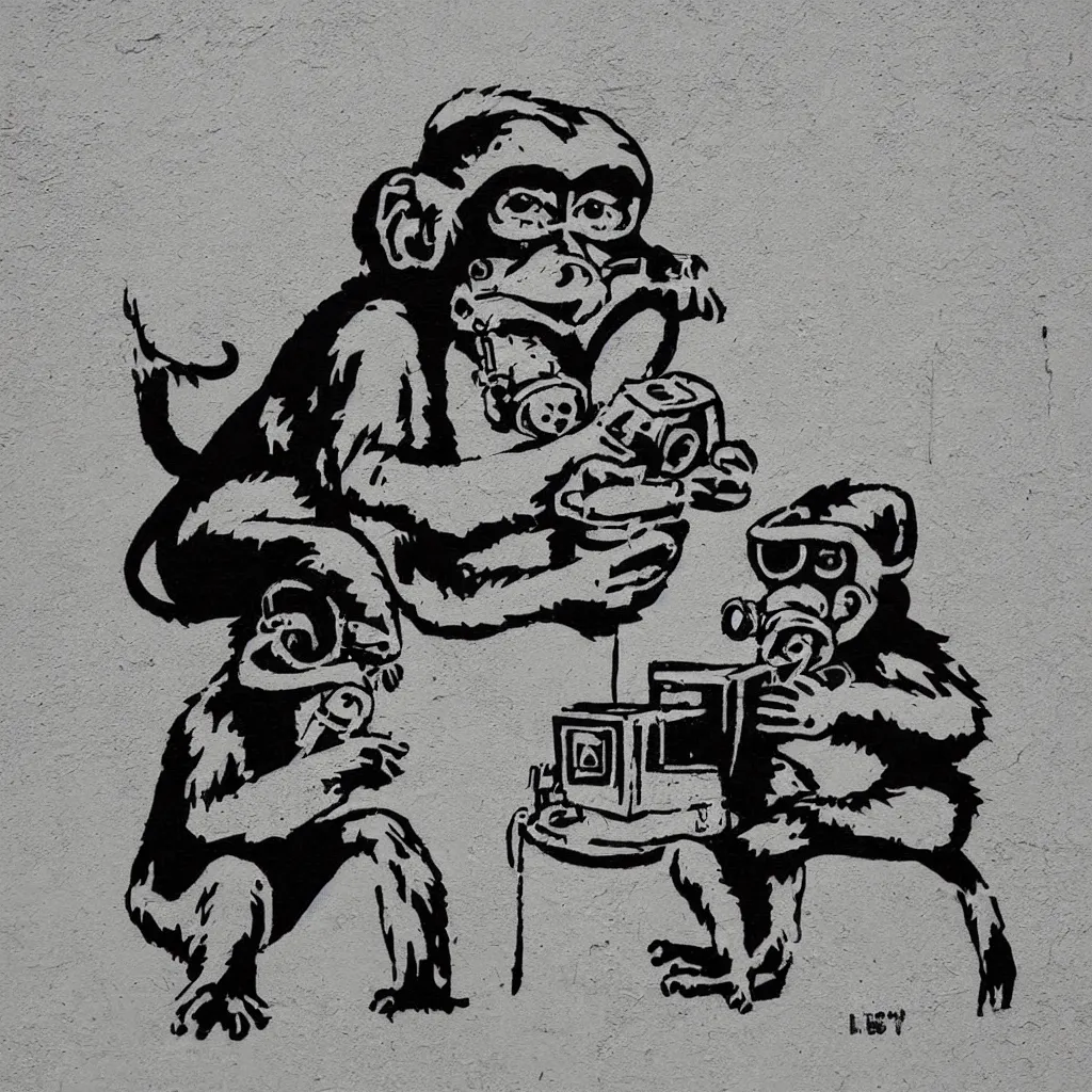 Image similar to Monkey reading a book, wearing a gas mask, graffiti, symbol, minimal, minimalism, edge to edge, solid color background intricate, highly detailed, smooth, sharp focus, detailed face, high contrast, art by banksy