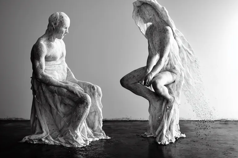 Image similar to a sculpture of a person sitting on a top of the chair, a white marble sculpture covered with floating water by nicola samori, behance, neo - expressionism, marble sculpture, apocalypse art, made of mist