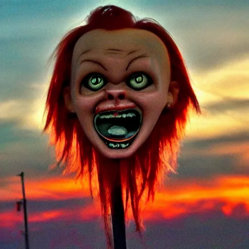 Image similar to sunset clouds that look like a screaming chucky doll