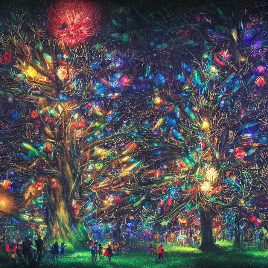 Prompt: closeup of a night carnival inside a tree cavity in a magical forest in the middle of a summer storm, with a music scenario with many fireworks and christmas lights, volumetric lightning, instense god rays in the sky, folklore people disguised with fantastic creatures in a magical forest by summer night, masterpiece painted by koson ohara, very coherent and colorful high contrast masterpiece,