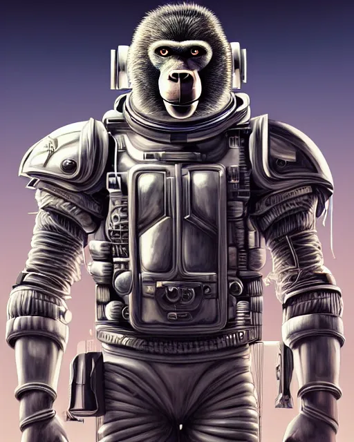 Image similar to a portrait of a muscular anthropomorphic cyberpunk baboon in spacesuit armor with ensignia on chest plate by sandra chevrier, by jon foster, detailed render, pistol in holster, extremely hyperdetailed, tape deck, epic composition, cybernetics, 4 k realistic, cryengine, realistic shaded lighting, sharp focus, masterpiece, by enki bilal