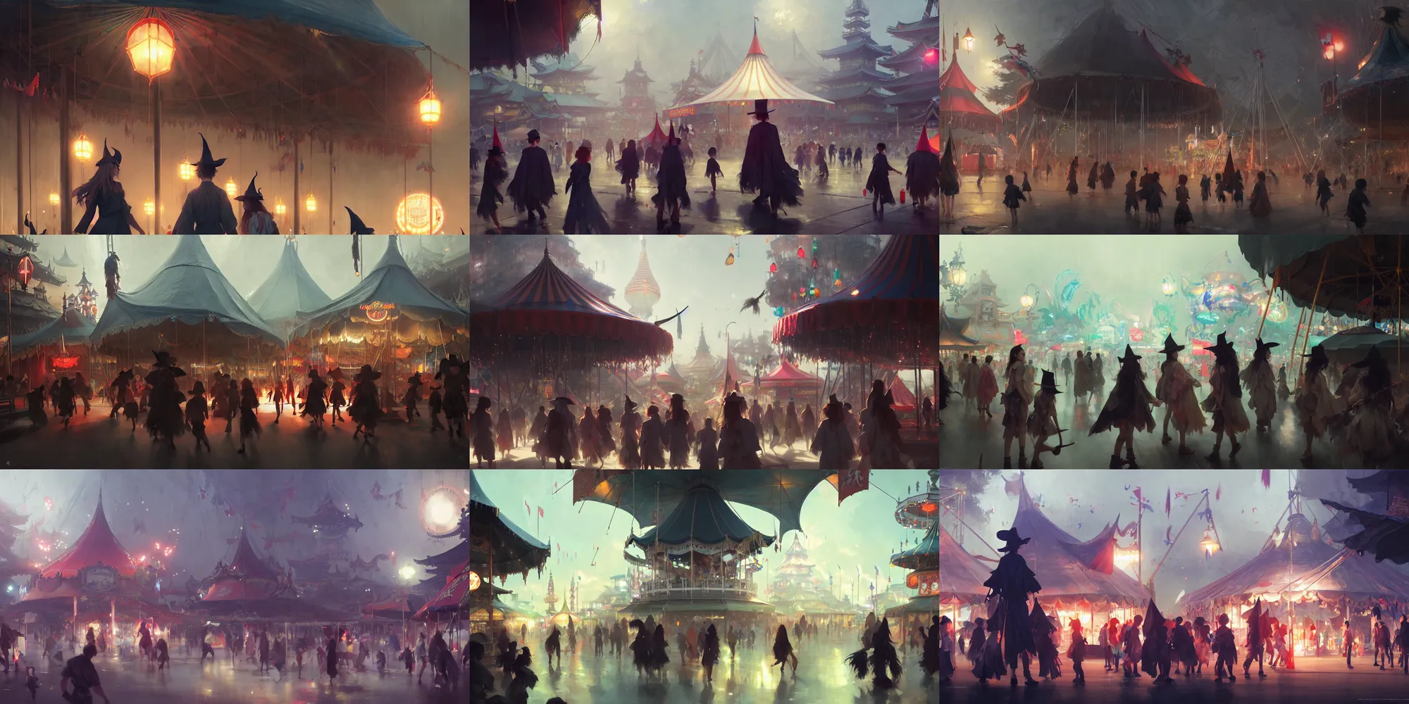 Prompt: close - up of student witches exploring and patrolling around a small carnival amusement, food stalls, big top circus tent, roaming entertainers, flashing lights, highly detailed, magical, japan mountains, digital painting, concept art, matte, art by ruan jia and wlop and greg rutkowski and makoto shinkai, masterpiece