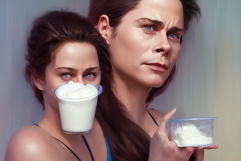 Prompt: rob lowe face in a yogurt cup, dairy aisle at grocery store, charlie bowater, artgerm, ilya kuvshinov, krenz cushart, ruan jia, realism, ultra detailed, 8 k resolution