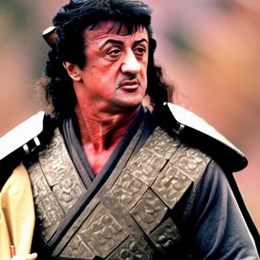 Image similar to Sylvester Stallone as samurai , a film still