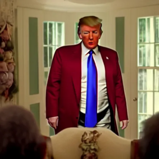 Image similar to a still from a scene in the boys, staring donald trump as homelander.