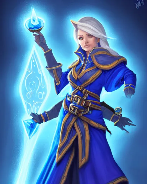 Image similar to perfectly - centered!! looking at the camera!!! full body portrait of the female blue mage, bright lighting, by hearthstone, concept art, hearthstone mastered art