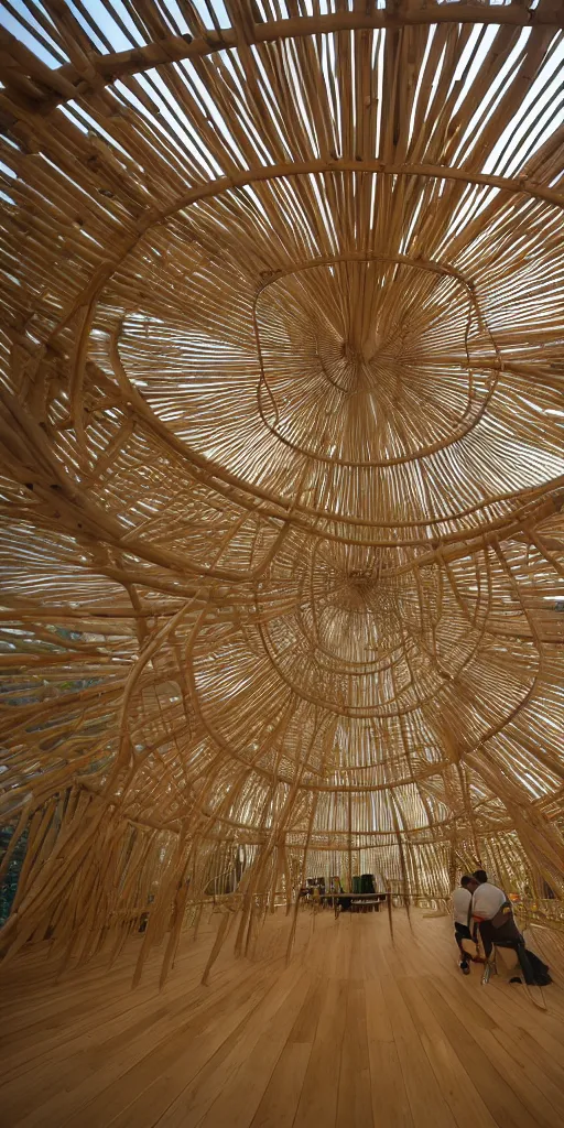 Prompt: inside small pavilion made of bundled bamboo by andrew kudless. architectural photography. 4 k, 8 k. volumetric lighting. crowd people at exhibition opening. complex curved intersecting vaulted structure. bundled branching columns grow into into roof. futuristic hydroponic garden, white concrete floor.