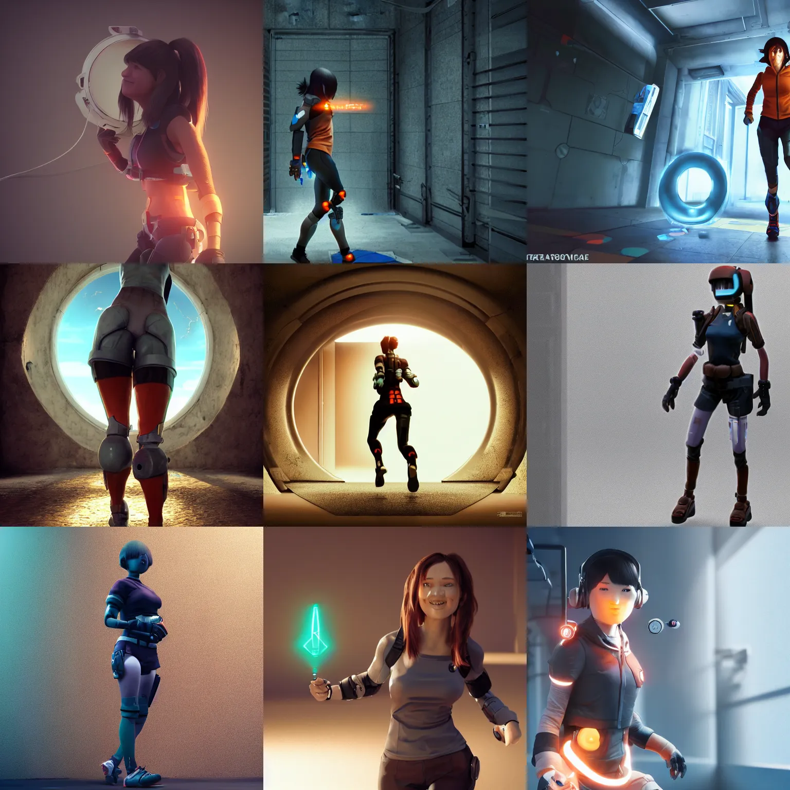 Prompt: portal!!! game valve, anime!!! cyborg photo - realistic woman!!!! running, ( shy smiling face ), rembrandt, octane render, artstation