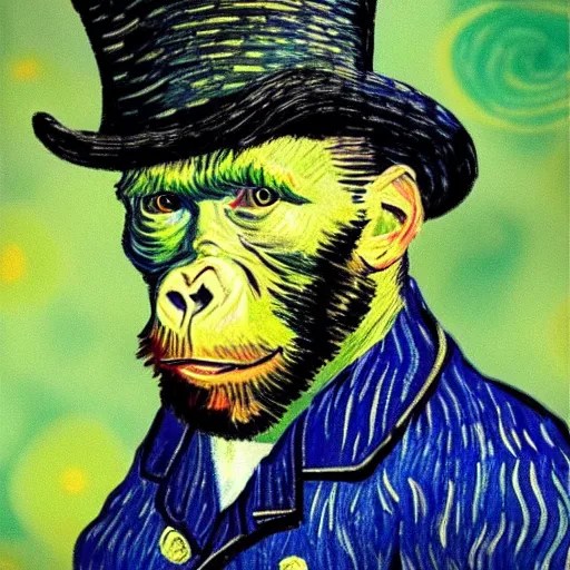 Image similar to a van gogh painting of a gorilla wearing a top hat, 4 k, hyper realistic, dslr, landscape, high resolution