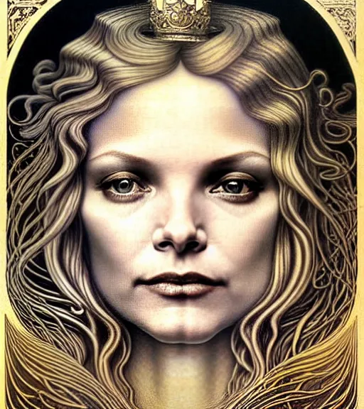 Image similar to detailed realistic beautiful young michelle pfeiffer as queen of jupiter face portrait by jean delville, gustave dore and marco mazzoni, art nouveau, symbolist, visionary, gothic, pre - raphaelite. horizontal symmetry by zdzisław beksinski, iris van herpen, raymond swanland and alphonse mucha. highly detailed, hyper - real, beautiful