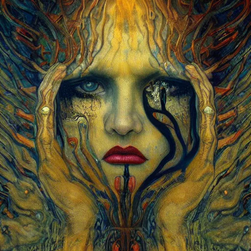 Prompt: Visions of Hell by Karol Bak, Jean Deville, Gustav Klimt, and Vincent Van Gogh, nightmare portrait, infernal, visionary, otherworldly, fractal structures, ornate gilded medieval icon, third eye, hellfire, spirals, horror