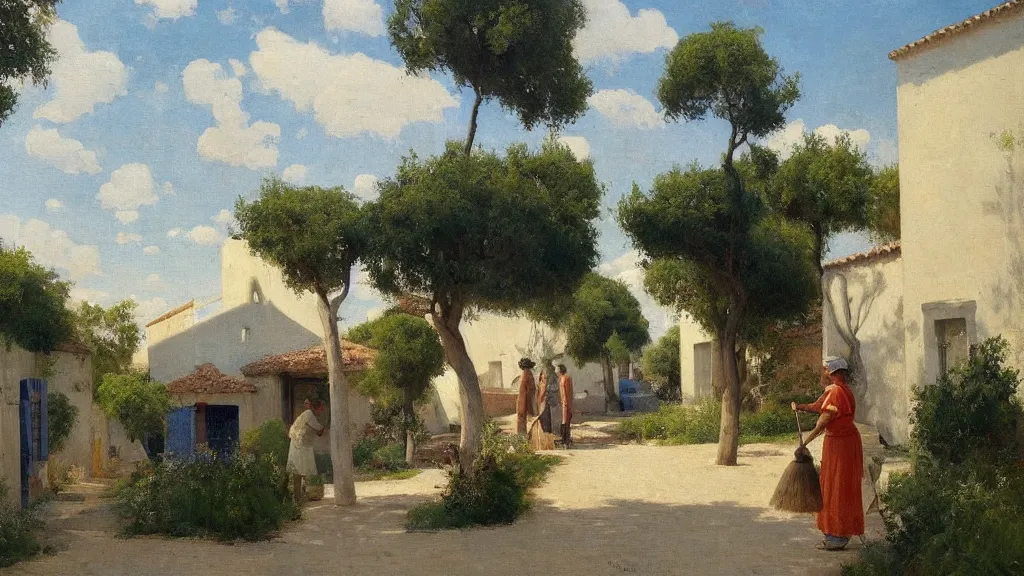 Prompt: a beautiful extremely complex painting of a street in a mediterranean village in summer by peter ilsted, whitewashed housed, tall cypress trees, blue shutters on windows, elderly woman sweeping the ground with a broom, national gallery of art highlights