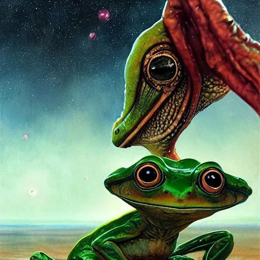 Image similar to long shot of an alien frog, by esao andrews, by m. w. kaluta, by james web telescope, ultra humorous beautiful oil painting, cinematic space scenery, small depth of field, depth perception, volumetric light, rich colors, 3 d octane render, 8 k, conceptart, hyperdetailed, hyperrealistic, trending on artstation