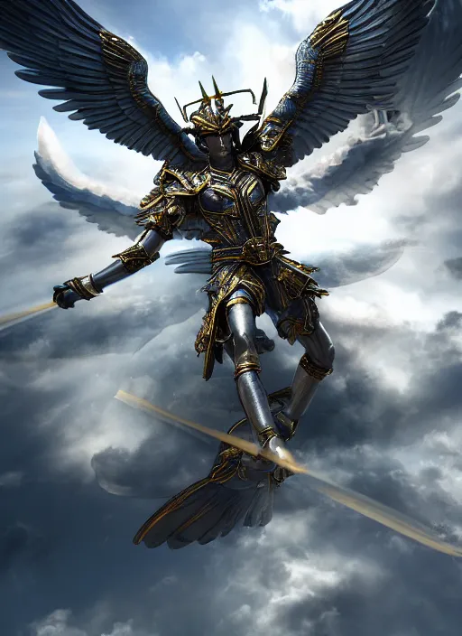 Image similar to archangel micheal flying in sky by huang guangjian, taekwon kim rostbite 3 engine, cryengine, dof, trending on artstation, digital art, chanel, dior, fantasy and detailed and intricate background