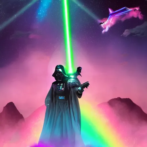 Image similar to beautiful matte painting, rainbow colored pink pink darth vader wearing pink wearing pink, riding a unicorn, riding a unicorn, riding a one-horned unicorn over a glittering rainbow, in psychedelic space, by lisa frank and dan mumford, octane render, HDR, vivid color, volumetric lighting, unreal engine, concept art, CGsociety, trending on artstation