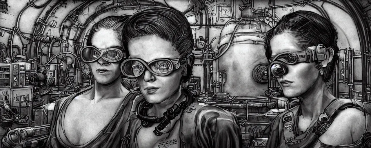 Image similar to detailed ink character concept art 3 / 4 portrait of tattooed stoic heroic emotionless butch blonde woman engineer with short slicked - back hair, wearing dark victorian goggles, wearing orange bandana around neck, working inside reactor room, awkward and uncomfortable and anxious, dirty. industrial space program, scifi, hyper detailed. octane render. trending on artstation