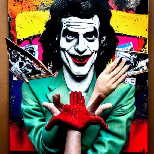 Image similar to mimmo rottela and banksy as joaquin phoenix skinny joker holding hand lady gaga harley queen, very realistic, intricate details, pop art style, concept art, confident, love, random object movement, 3 colours, arstation trending, proportional body, warm color, 4 k, ultra smooth, sharp focus