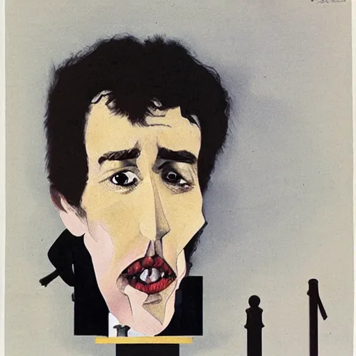 Image similar to exaggerated caricature portrait of bob dylan art by el lissitzky