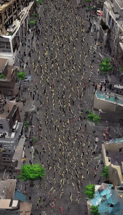 Prompt: hundreds people running away from the catzilla. trending on artstation. realistic cinematography, photorealistic, photography, wide shot from the drone, aerial photo