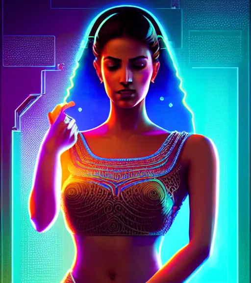 Image similar to symmetry!! indian princess of technology, solid cube of light, hard edges, product render retro - futuristic poster scifi, lasers and neon circuits, brown skin gorgeous indian princess, intricate, elegant, highly detailed, digital painting, artstation, concept art, smooth, sharp focus, illustration, dreamlike, art by artgerm