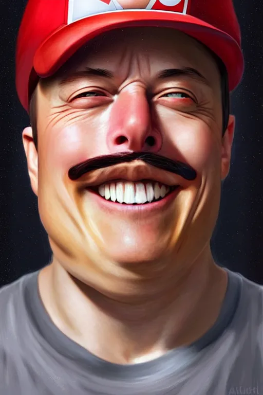 Image similar to elon musk as mario from the super mario bros, realistic portrait, symmetrical, highly detailed, digital painting, artstation, concept art, smooth, sharp focus, illustration, cinematic lighting, art by artgerm and greg rutkowski and alphonse mucha