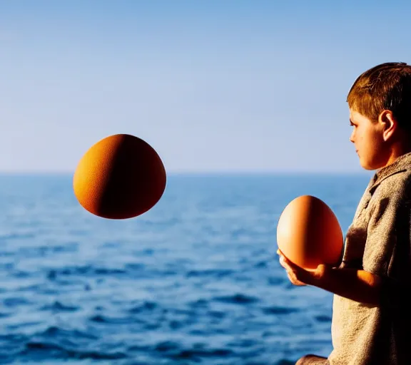 Image similar to luigi sitting on an egg flying over the sea, wide shot, dramatic, golden hour