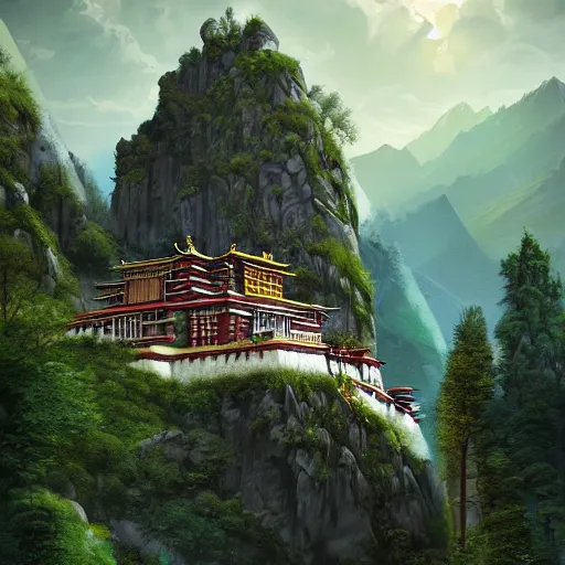 Image similar to tibetan palace carved into a mountain side, big green trees, colorful clouds, dramatic lighting, artstation, matte painting, raphael lacoste, simon stalenhag, frank lloyd wright