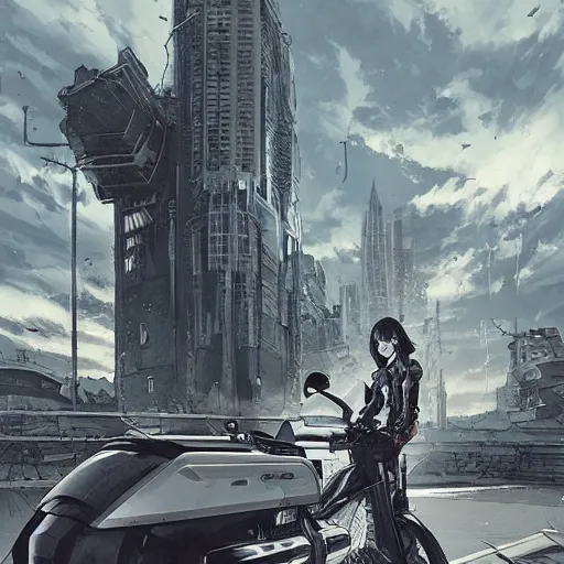 Image similar to Katsuhiro otomos akira, Dark cityscapes and futuristic motorcycles, Manga and anime, sinister by Greg Rutkowski