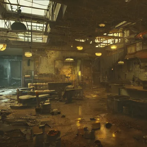 Image similar to fallout 5, indoors dilapidated shop interior, atmospheric lighting, painted, intricate, volumetric lighting, beautiful, daytime, sunny weather, slight overcast, golden hour, sharp focus, deep colours, ultra detailed, by leesha hannigan, ross tran, thierry doizon, kai carpenter, ignacio fernandez rios