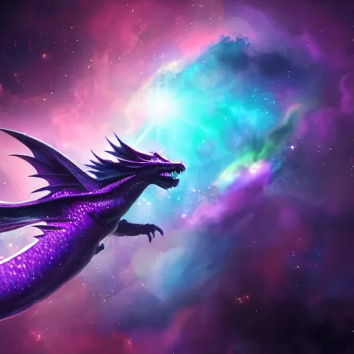 Prompt: a purple star galaxy dragon flying through nebulous space, trending on artstation, digital art, 4k, hyper realism, high detail, cinematic, cinematic lighting, high detail, realistic, fantasy