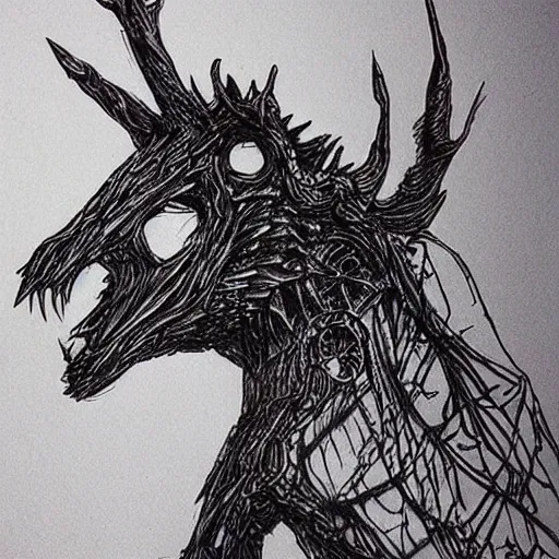 Image similar to ballpoint pen art of a nightmare creature made of wrought iron and cardboard