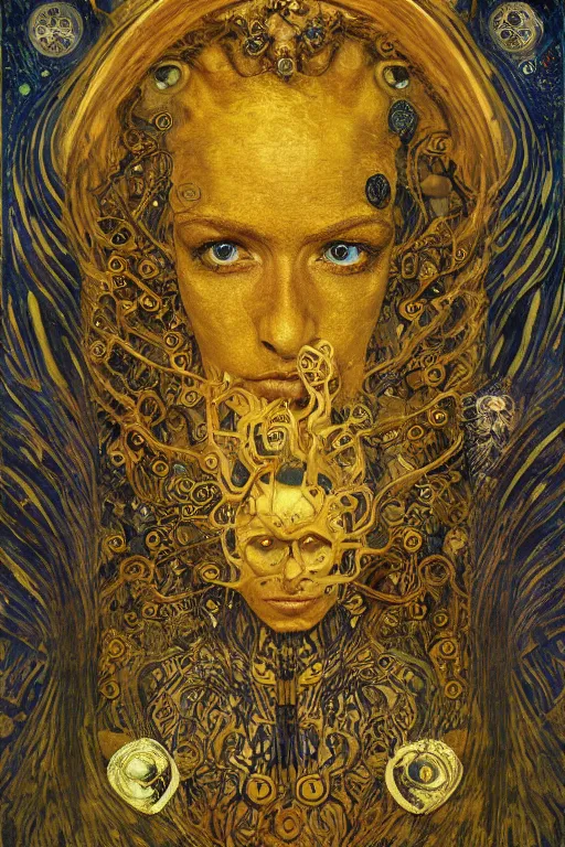 Image similar to The Helliquary by Karol Bak, Jean Deville, Gustav Klimt, and Vincent Van Gogh, lockbox, otherworldly, locks, vault, chains, fractal structures, arcane, inferno, inscribed runes, reliquary, infernal relics, ornate gilded medieval icon, third eye, spirals