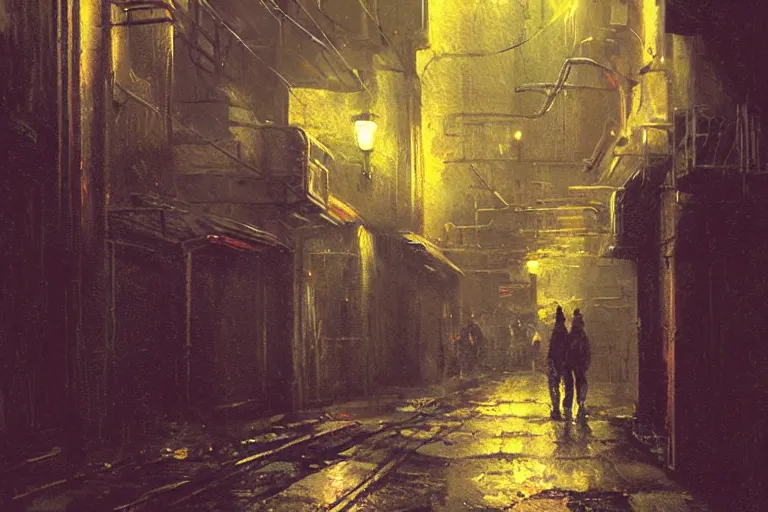 Prompt: dark cyberpunk alleyway, art by james gurney, trending on artstation, moon light isometric view tonalism, bokeh, surrealism, infrared, dadaism