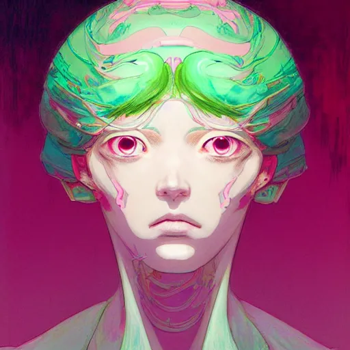 Image similar to prompt : pink and green portrait soft light painted by james jean and katsuhiro otomo and erik jones, inspired by evangeleon anime, smooth face feature, intricate oil painting, high detail illustration, sharp high detail, manga and anime 1 9 9 0