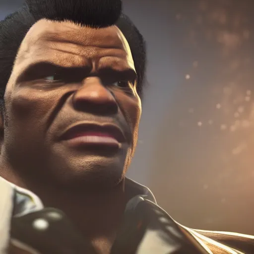 Image similar to a videogame still of James Brown in Tekken 7, portrait, 40mm lens, shallow depth of field, close up, split lighting, cinematic