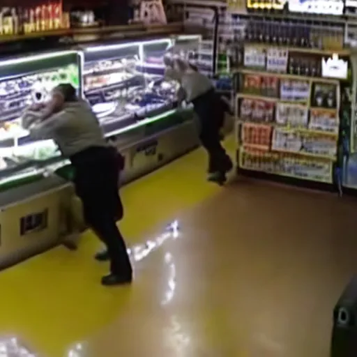 Prompt: cctv footage of a lightsaber fight inside a deli, security cam footage
