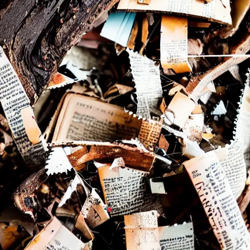 Image similar to book ripped up by a chainsaw, pieces flying everywhere, close up, dslr photo