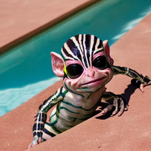 Image similar to striped gremlin swimming in a pool in the desert