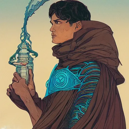 Image similar to dune themed majestic paul atreides prophet sketch by sachin teng, moebius, artgerm, alphonse mucha, masterpiece, organic painting, matte painting, futuristic geometrical drawing shapes, desert ambience, hard edges, graffiti, street art by sachin teng