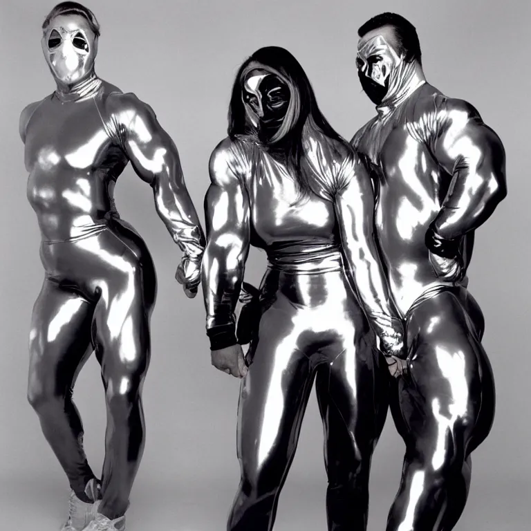 Image similar to 1990's sears portrait photos, an incredibly extremely muscular bodybuilder man and woman wearing shiny reflective full-body latex suits and masks